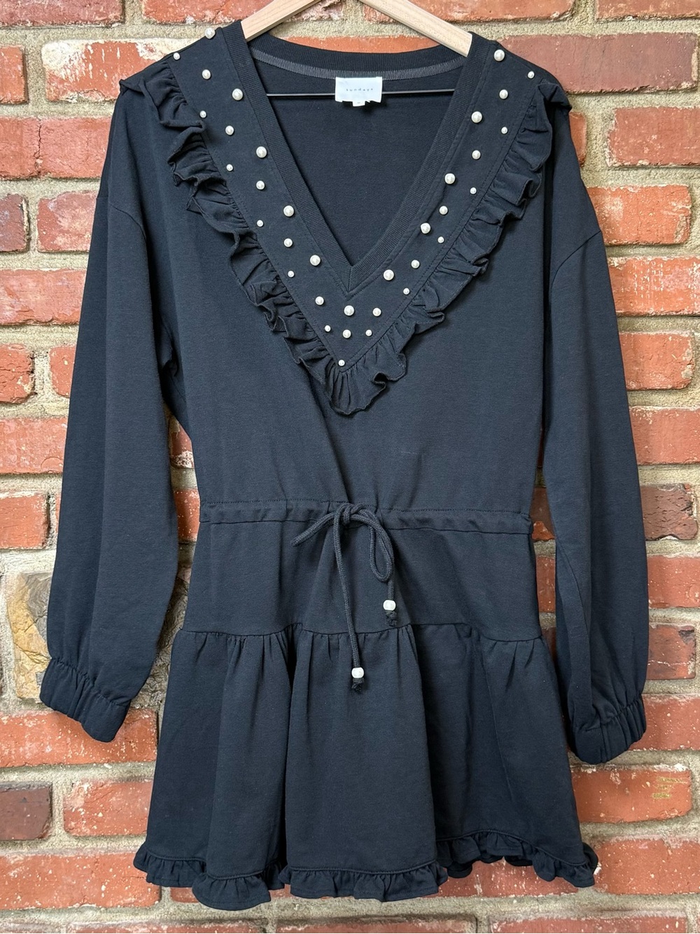 Anthropologie Sundays Gemma Pearl Embellished Ruffle Mini Sweat Dress M‎ FLAWED